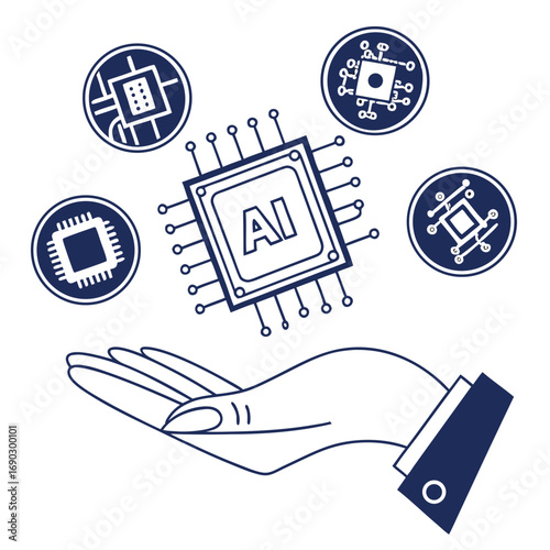 Vector art of hand holding a central processing unit with ai inscription, surrounded by microchips, showcasing the concept of artificial intelligence and advanced technology