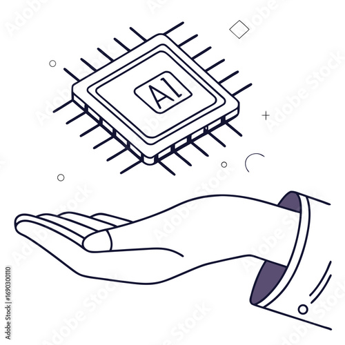 Vector art of a captivating line art illustration showcasing a hand delicately presenting an ai microchip, symbolizing the convergence of human ingenuity and artificial intelligence
