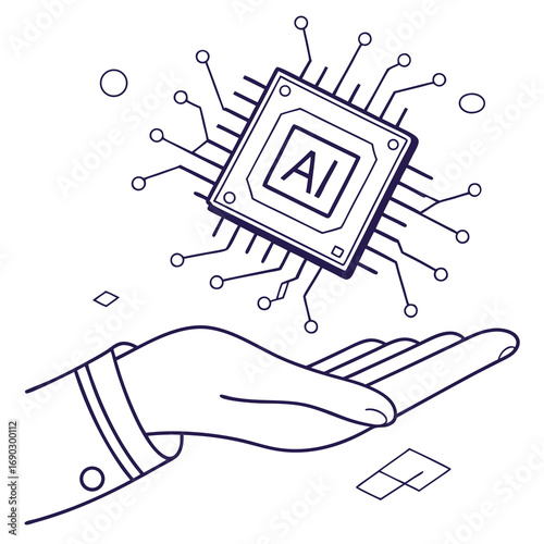 Vector art of artificial intelligence concept a hand holding a microchip with the letters ai on it, surrounded by geometric shapes the image represents the future of technology