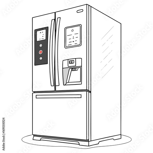 Vector art of a sleek line art illustration of a modern smart refrigerator, equipped with a digital display and water dispenser, symbolizing convenience and technological advancement