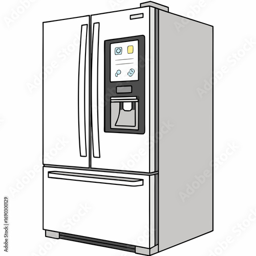 Vector art of a modern refrigerator with a digital display and a water dispenser, the fridge has a sleek design and is perfect for any modern kitchen setting