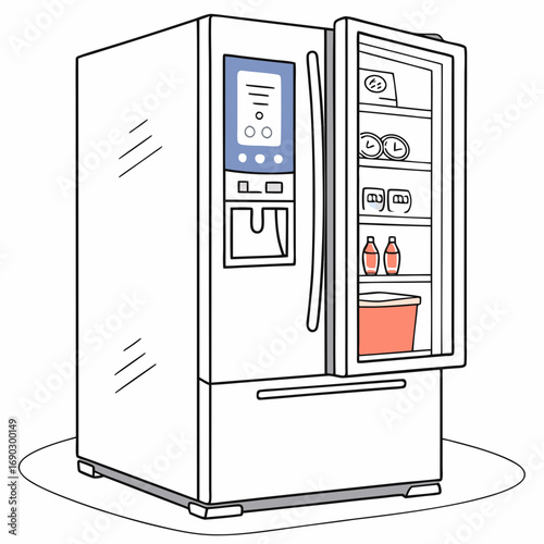 Vector art of a modern refrigerator with an open door, revealing food and drinks inside, the fridge has a digital display and a water dispenser, perfect for any kitchen