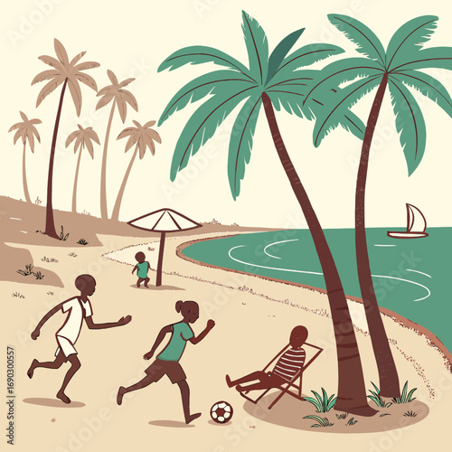 Children Playing Football on the Beach with Palm Trees and Sailboat