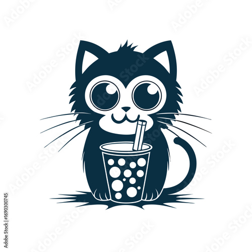 A cheerful monochrome cartoon cat is seen drinking tasty bubble tea in peace