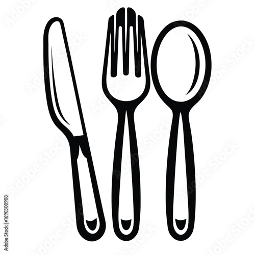 A classic fork, knife, and spoon set is displayed in elegant monochrome style