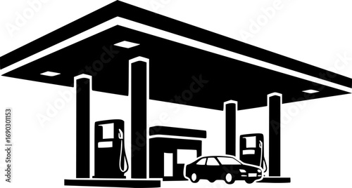 Silhouette of a gas station with an extended roof for coverage vector illustration