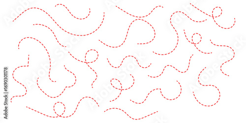 Hand drawn squiggle line. Trip dashed trace destination track path line collection. Long dashed spiral wavy line. Curve dotted line. Border design, traveling symbol, divider element