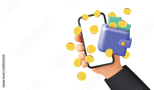 Hand Holding Smartphone with Wallet and Coins - Digital Payment and Mobile Finance Concept