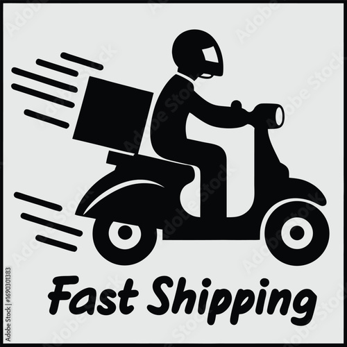 A delivery man wearing a helmet rides a scooter, offering fast shipping to customers