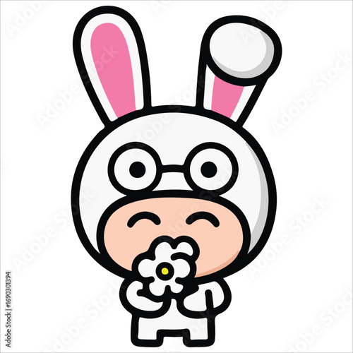 Nerd Bunny with Glasses Holding Flower Cute Cartoon Illustration