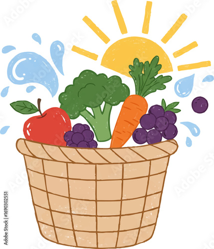 Fresh Harvest Basket with Fruits Vegetables Sun Water Splashes