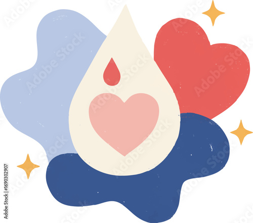 Blood drop with heart and abstract shapes medical care donation concept