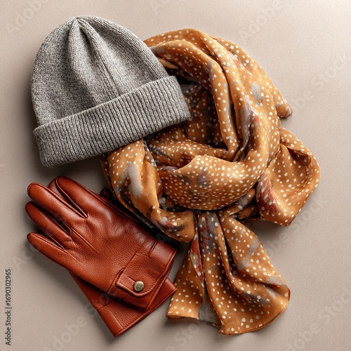 Stylish flat lay of wool beanie, leather gloves, silk scarf in autumnal colors arranged artfully on neutral background. Fashion season change.