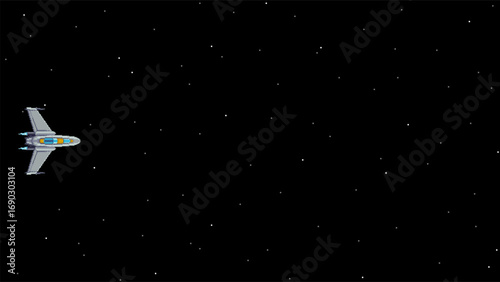 Pixel art spaceship in starry space background, retro arcade style
