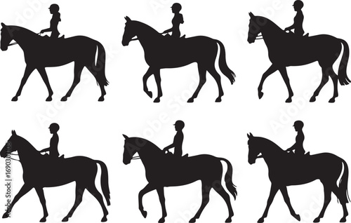 Set of riding horses silhouettes with riders in various poses