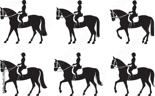 Set of riding horses silhouettes with riders in various poses