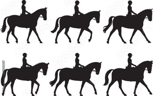 Set of riding horses silhouettes with riders in various poses