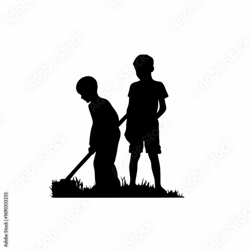 Silhouette of two brothers working in a field isolated on white background