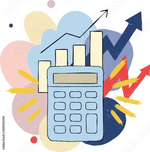 Business Finance Growth Calculator Chart Up Arrow Doodle Style Vector Art