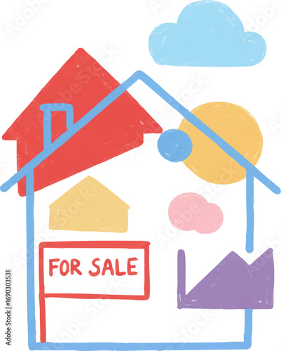 Childlike hand-drawn house with a "For Sale" sign and abstract elements