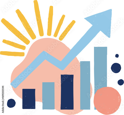 Hand drawn business growth chart with upward arrow and sun symbol