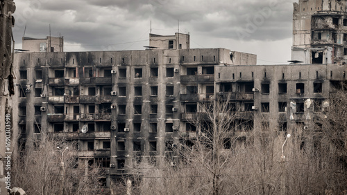 ruined street and destroyed houses in Kiev war in Ukraine