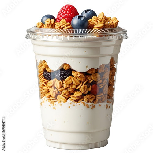 Photo of a clear plastic cup filled with layers of creamy yogurt, crunchy granola, fresh blueberries, raspberries, and blackberries, isolated on a transparent background