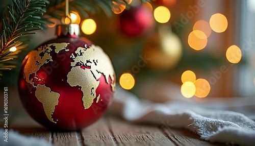 Red christmas ball with golden world map hanging on christmas tree with blurred lights