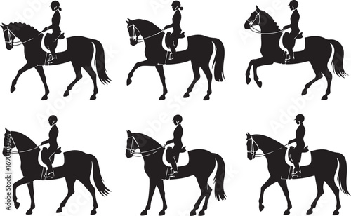 Set of riding horses silhouettes with riders in various poses