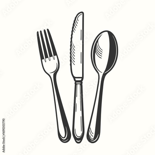 A stylized black and white shows a knife, fork and spoon in sequence