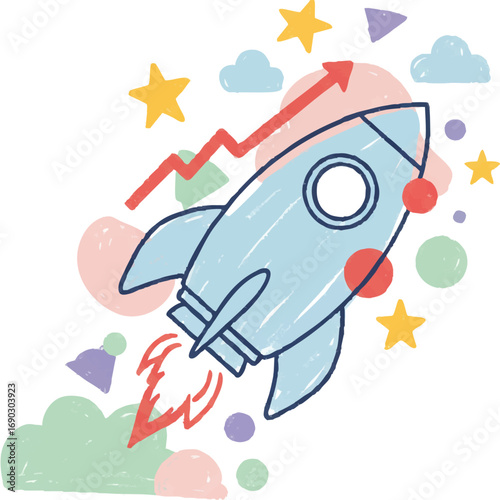 Business Startup Launch Rocket Growth Success Doodle Illustration