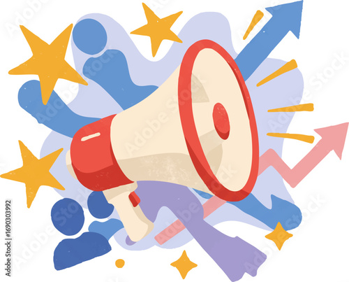 Megaphone announcement with rising arrows and stars promotion growth
