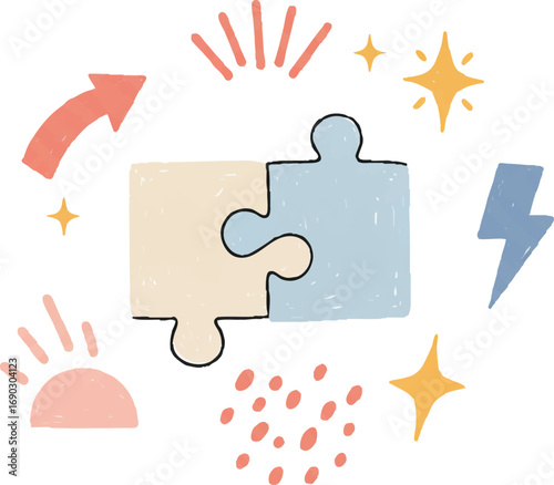 Connected puzzle pieces with playful abstract elements vector illustration