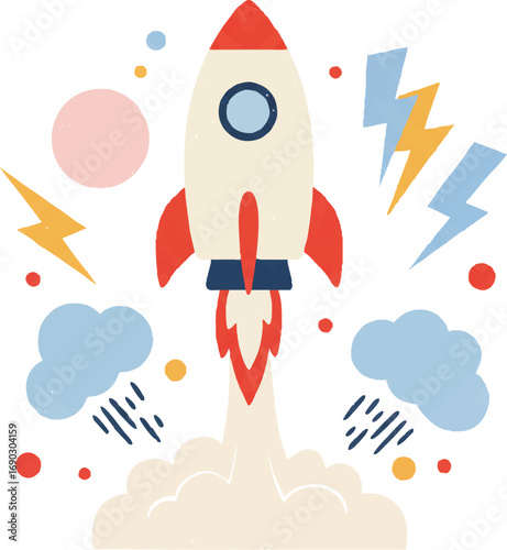 Cartoon Rocket Blasting Off Amidst Clouds and Lightning Bolts