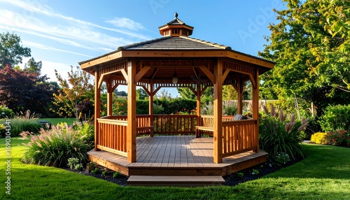 Wooden gazebo in a landscaped garden