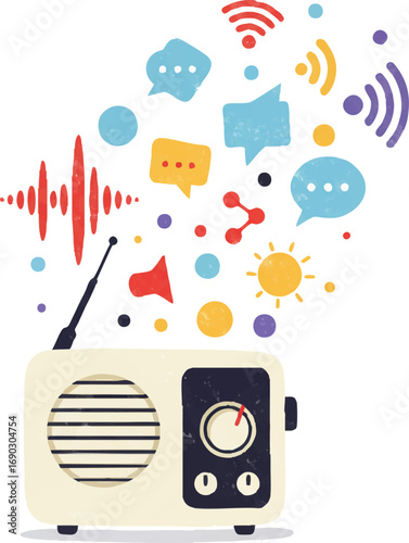 Retro Radio Broadcasting Communication Social Media Network Icons Vector