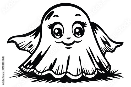 Adorable cartoon ghost has cute eyelashes and sits sweetly upon some grassy ground here