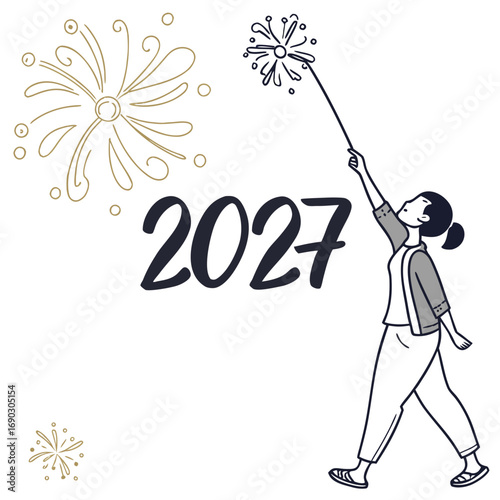 A woman holding a sparkler celebrates the arrival of the year 2027 with fireworks