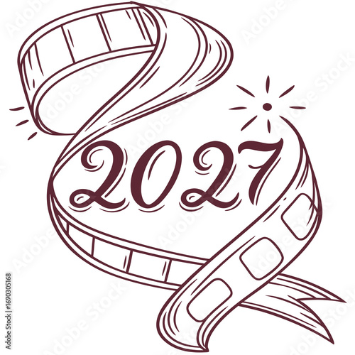 Artistic hand drawn film reel ribbon elegantly wraps around the year 2027 with a sparkling accent