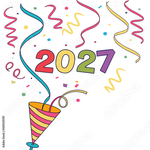 Colorful celebration with confetti and streamers exploding from a party popper announcing the year 2027