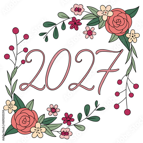 Elegant pink calligraphy numbers 2027 surrounded by a delicate floral wreath of roses and berries