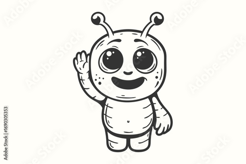 Adorable happy bug character smiling and waving cheerfully with its right hand outlined in black