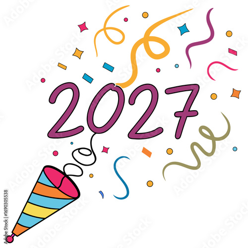 Happy new year 2027 celebration with colorful party popper confetti streamers and stars on white background