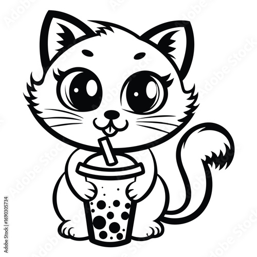 Adorable kitten enjoys tapioca drink with a straw in black and white