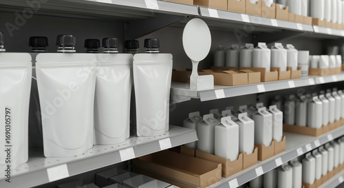 Shelves displaying various white product containers, organized for retail sale.