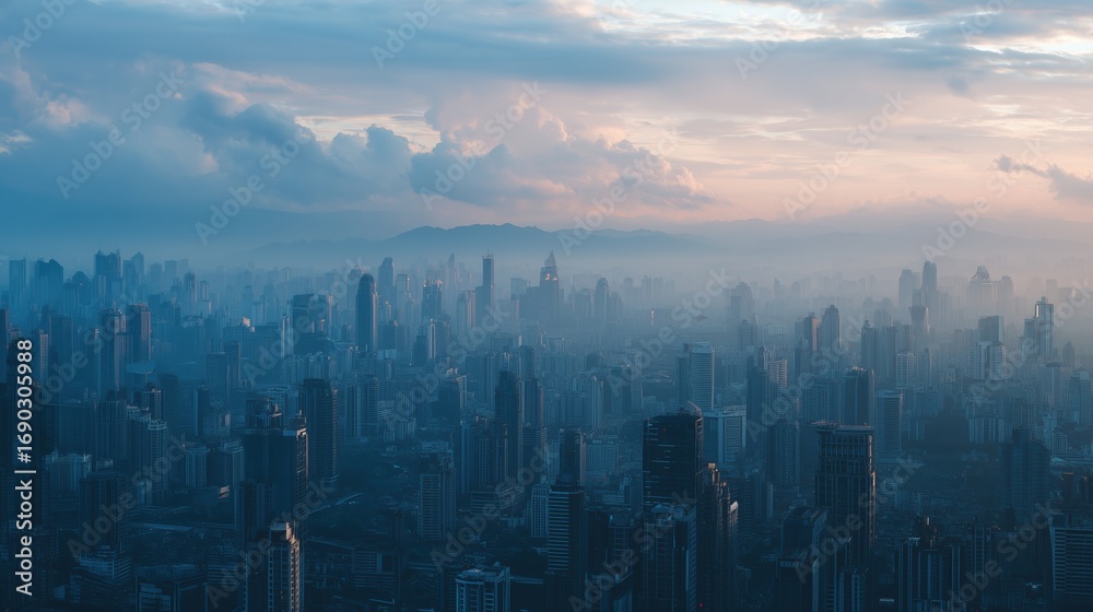 Fototapeta premium Misty cityscape at dusk with illuminated skyscrapers and distant mountains