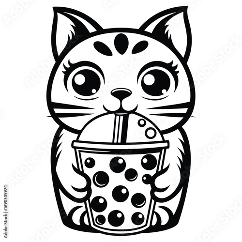 Adorable monochrome fox character enjoys its bubble tea with big eyes and fluffy tail