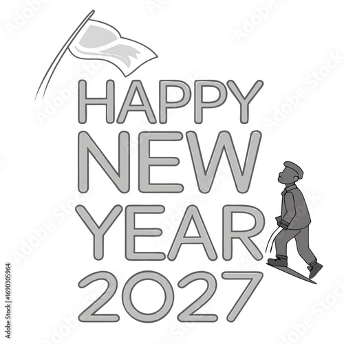 Happy new year 2027 with a person snowboarding and a flag waving celebrating the upcoming year