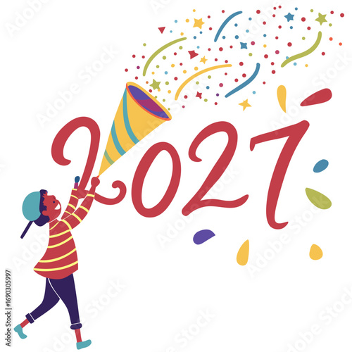 Joyful child celebrates the arrival of the new year 2027 with a burst of colorful confetti and streamers