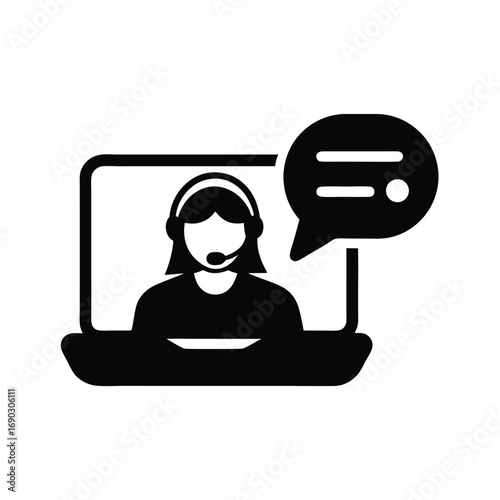 An abstract Asian woman with headset engages in online chat from her laptop